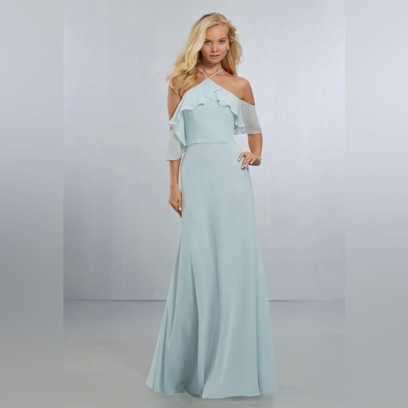 MORILEE BY MADELINE GARDNER Deep Sea Cold Shoulder Chiffon Bridesmaid Dress - Picture 1 of 16